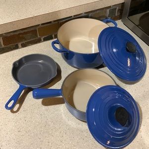 Great solid blue colour enamelled cast iron set of pots and pan.